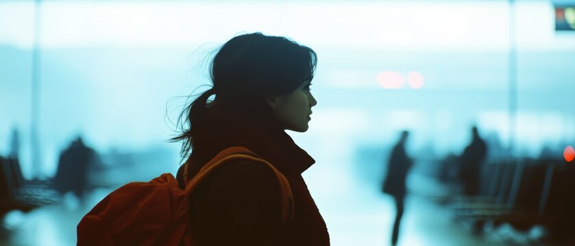 A silhouetted traveler stands pensively in an airport, surrounded by a serene blue ambiance, as blurred figures move around in the background.