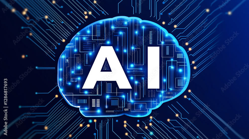 Poster Artificial intelligence processing data in electronic brain shape circuit board