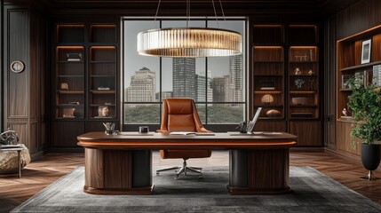A luxurious executive office with a large mahogany desk, leather chair, and soft ambient lighting from a modern chandelier 