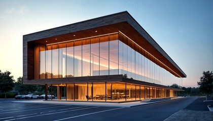 Obraz premium A modern building with large windows and wood accents is set against a parking lot at dusk.