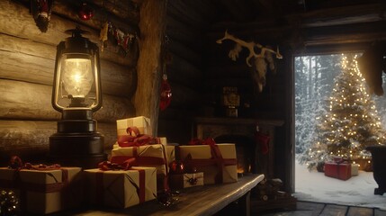 Cabin Christmas gifts snow forest winter light