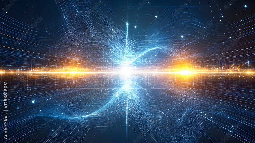 Poster blue and orange abstract background with lines and cosmic visual elements for design projects