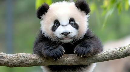Cute baby panda cub on branch, bamboo forest background, wildlife conservation