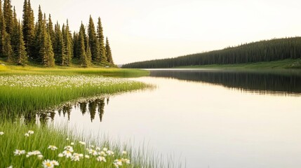 Obraz premium Elegant Peaceful lake reflecting a golden sunrise surrounded by pine trees and wildflowers creating a calming and serene morning atmosphere 