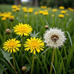 Field of yellow petals and white fluff dandelions 