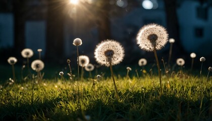 White fluffy dandelions  in the night light