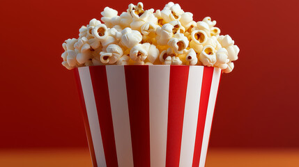 Popcorn overflowing a striped bucket on a red background representing entertainment and cinema