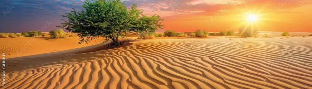 Poster a desert scene with a tree in the foreground and a sun in the background