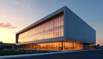 A modern building with floor-to-ceiling windows and an angular design.