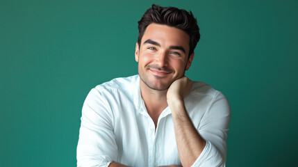 Caucasian Man in His Early 30s Casually Sitting with a Slight Smile, Resting His Chin on His Hand Against a Solid Green Background