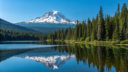 Reflective Mount Hood Landscape Photography Coniferous Forest, Lake and Snow-capped Peak, Landscape Photography, Mount Hood Landscape Photography, Oregon