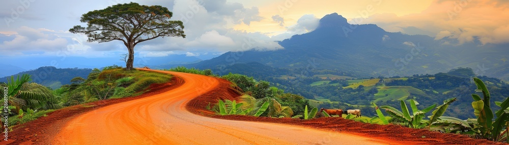 Poster a road with a tree on it and mountains in the background