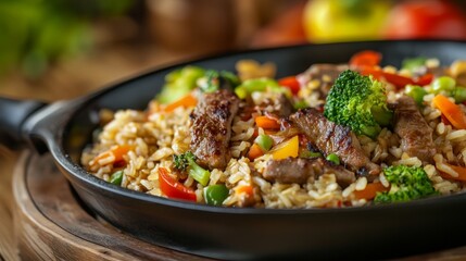 Sizzling skillet filled with vibrant stir fry featuring rice, tender meat, and fresh vegetables