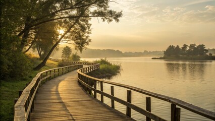 Fototapeta premium Sunrise Lakeside Wooden Walkway Curving Path, Misty Morning, Golden Hour Photography, Landscape. lake, sunrise