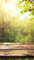 Charming spring scene featuring lush green foliage and rustic wooden table with sunlit bokeh effects