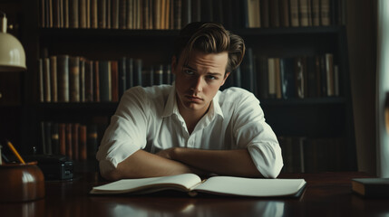 Caucasian Man in His Late 20s Striking a Thoughtful Pose While Sitting at a Desk with an Open Notebook, Deep in Thought