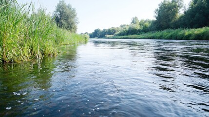 Tranquil river flowing through a green grassy riverside. Peaceful summer scene.  Possible use Stock photo for nature or travel brochures