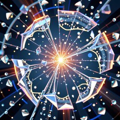 Fototapeta premium Intricate explosion of glass shards illuminated by glowing particles in a dark background