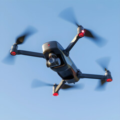 Futuristic RC Drone in Flight Against a Serene Blue Sky Capturing Aerial Imagery