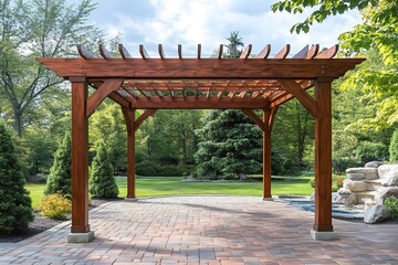 Wooden pergola providing shade in backyard patio area