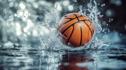 Energetic action shot of a basketball splashing into water, embodying the spirit of motion and sport