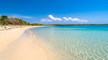 Fototapeta premium Tropical beach with clear blue water and white sand, embodying serene simplicity. 