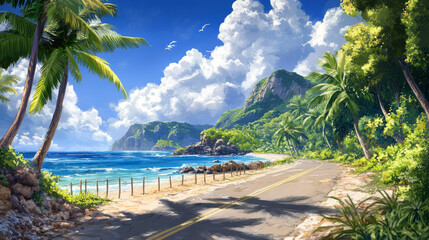Obraz premium Summer tropical background with palm trees and empty asphalt road with fence. Sea coast landscape with rock and blue water surface on skyline, sky with white clouds cartoon vector illustration