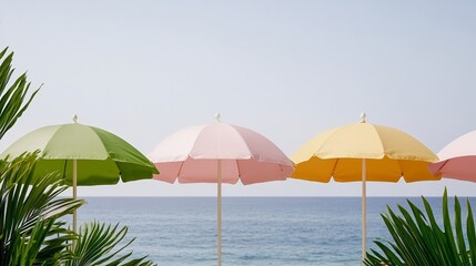 Elegant Vibrant beach with colorful umbrellas sun loungers and palm trees under the warm glow of summer tropical vacation vibe 
