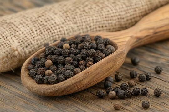 Black peppercorns resting in wooden spoon on rustic table