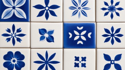 Elegant Vibrant mix of blue and turquoise azulejo patterns featuring ornate floral and star motifs creating a dynamic and cultural background 