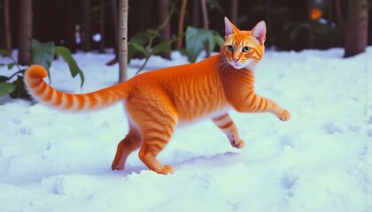 Vibrant Orange Cat in Snowy Forest