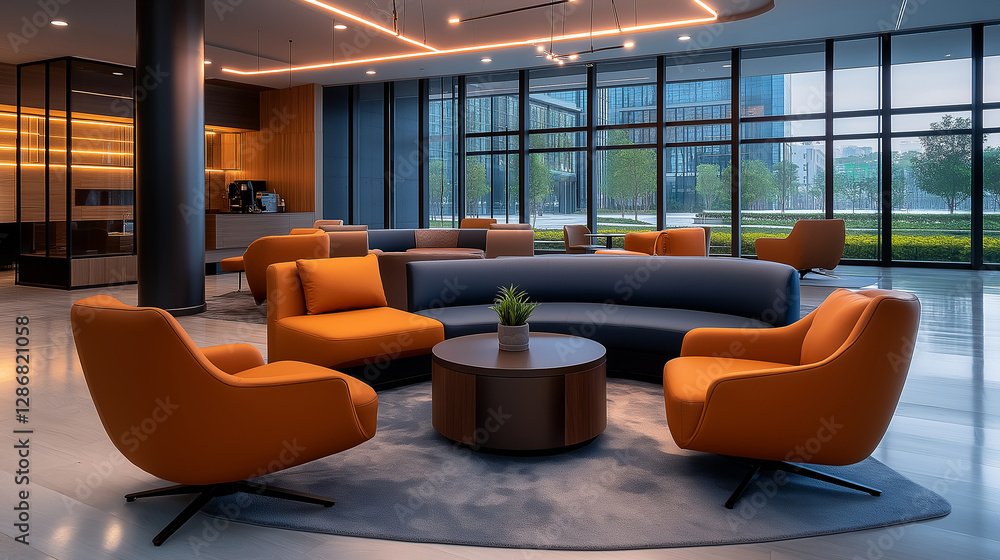 Poster modern office lobby interior design with comfortable seating and large windows showing green scenery