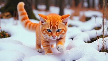 Vibrant Orange Cat in Snowy Forest