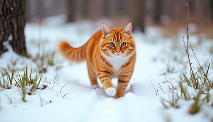 Vibrant Orange Cat in Snowy Forest
