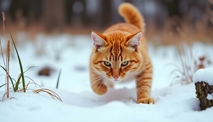 Vibrant Orange Cat in Snowy Forest