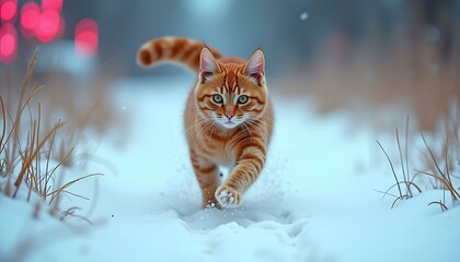 Vibrant Orange Cat in Snowy Forest