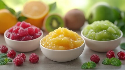 Colorful fruit purees in small bowls, surrounded by fresh fruit, on a light wooden surface