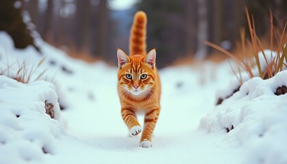 Vibrant Orange Cat in Snowy Forest