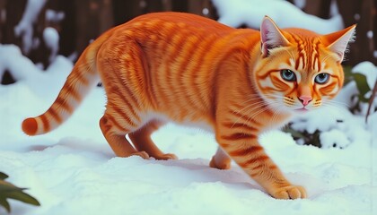 Vibrant Orange Cat in Snowy Forest