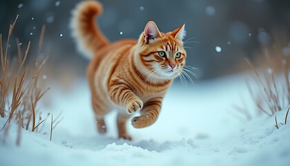 Vibrant Orange Cat in Snowy Forest