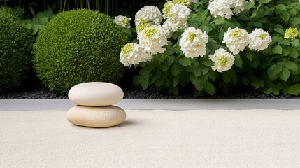 Elegant Zen garden with smooth raked sand stones and a small pond surrounded by bamboo and flowering trees calming and meditative space 