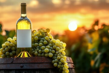 Fototapeta premium Fresh White Wine Bottle with Grapes on Barrel at Sunset Vineyard Scene