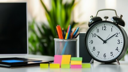 A professional office environment featuring a clock and vibrant sticky notes for time management
