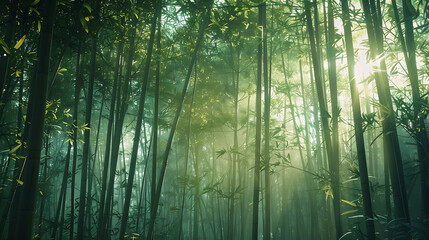 A dense bamboo forest with tall stalks, soft light filtering through, and a serene atmosphere in