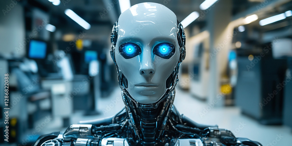 Poster advanced humanoid robot with glowing blue eyes stands in an industrial setting, hinting at the futur