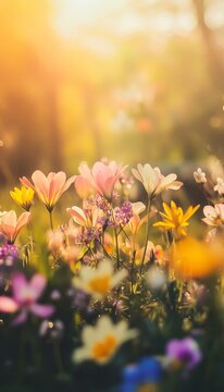 Fototapeta A vibrant outdoor scene of spring flowers illuminated by sunlight, celebrating the joy of springtime
