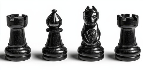 A set of black chess pieces are depicted as icons in a modern illustration on a white background, symbolizing a board game