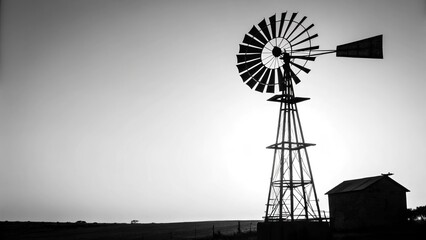 Black and White Silhouette of a Windmill in a Rural Landscape, Monochrome Photography, Farm, Windpump Windmill, Monochrome photography