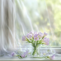 Tender violet lisianthus flowers in a transparent vase on a table with window reflections. A...