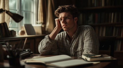 Caucasian Man in His Late 20s Striking a Thoughtful Pose While Sitting at a Desk with an Open Notebook, Deep in Thought
